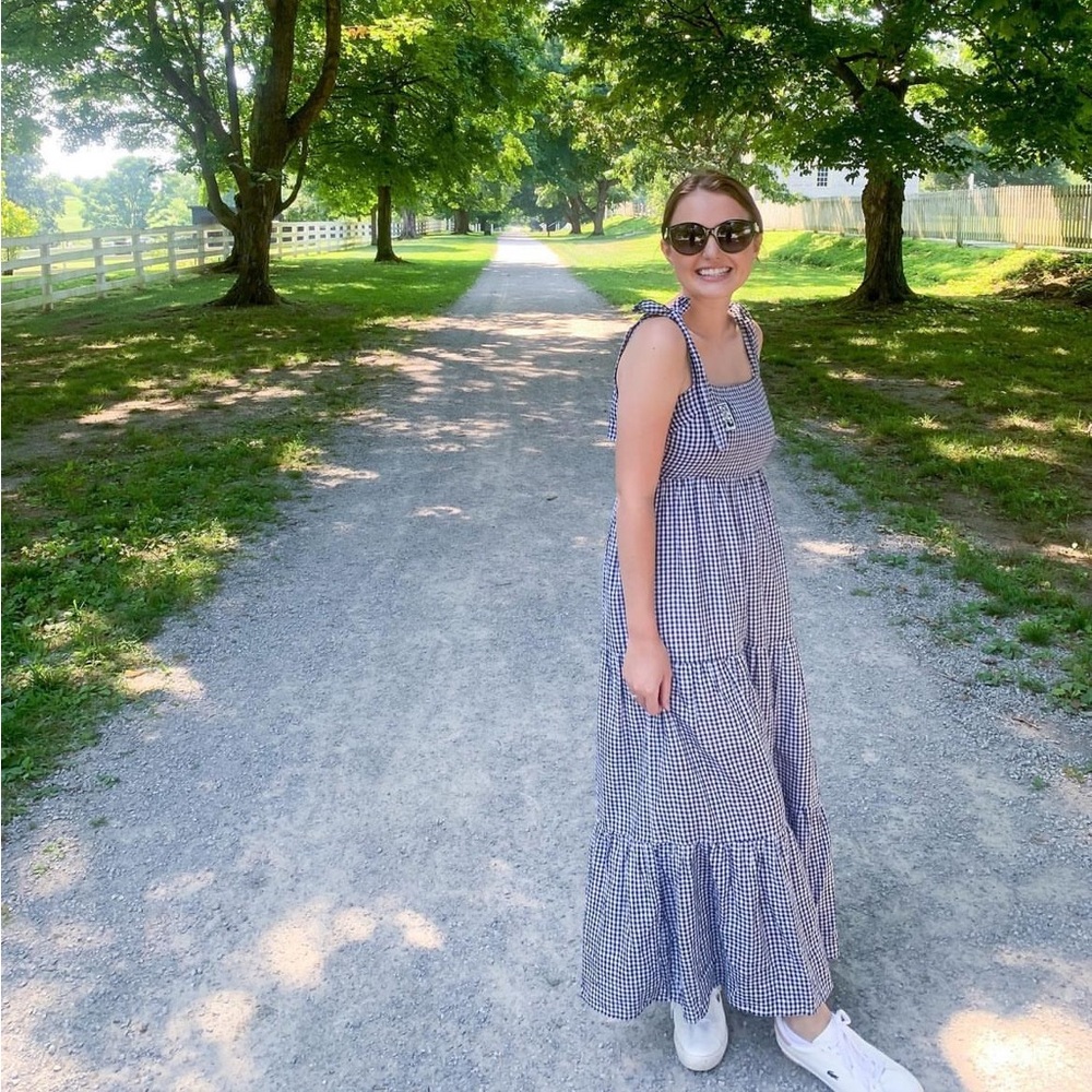 Gingham tie shoulder midi/maxi dress